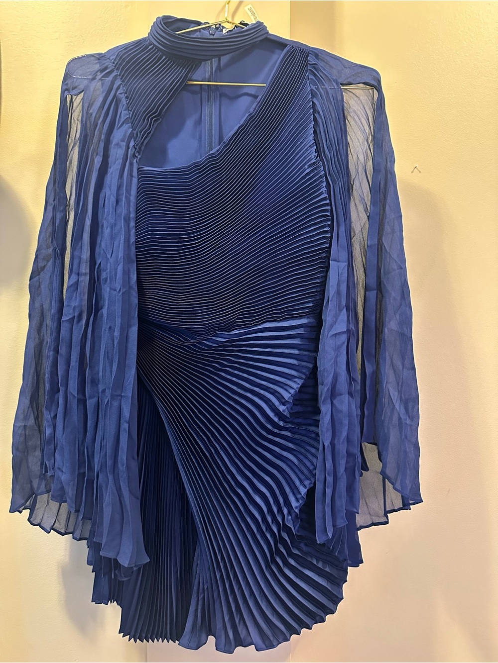 Alice + Olivia Navy Asymmetrical Pleated Dress with Sheer Sleeves